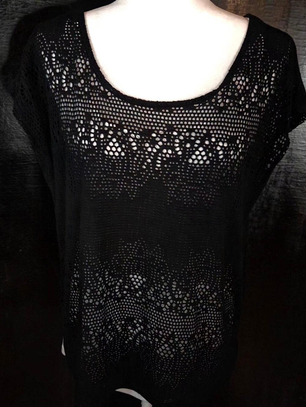 Vintage Chaus Sport Rich Black Crochet Open Knit Top with Attached Cami Small